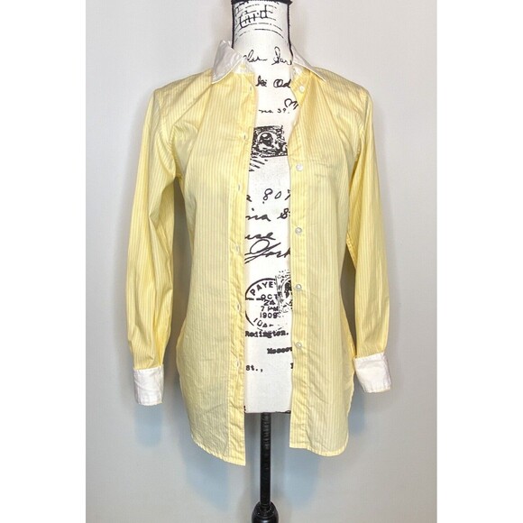 GAP Fitted Flip Cuff Boyfriend Shirt Womens 0 Yellow Striped Button Front Masc - Picture 2 of 7